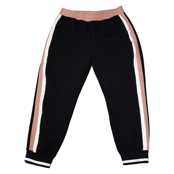 Zara Pants - women’s Large Black Jogger Pants with Pink and White Stripes